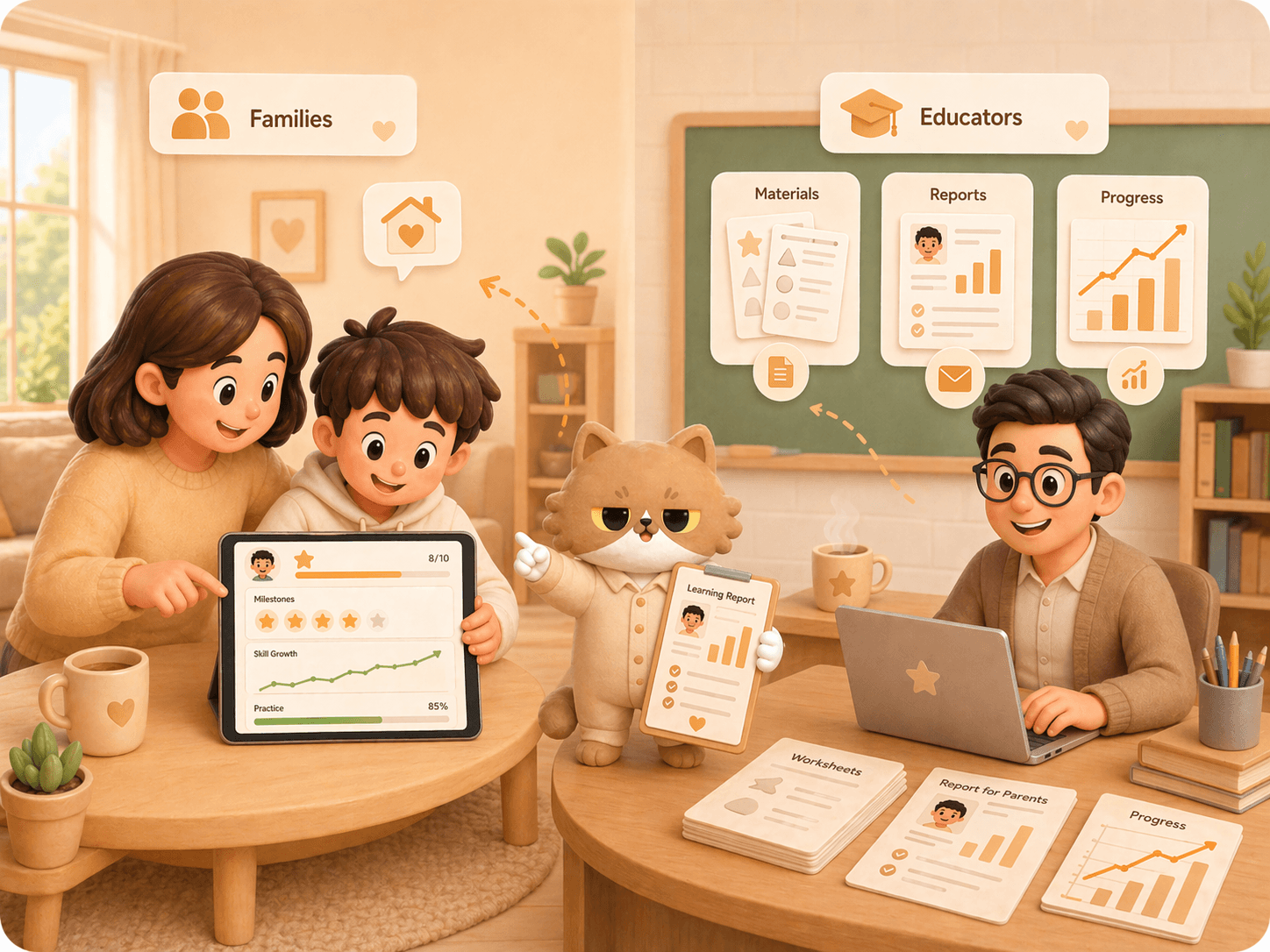 Education ecosystem illustration showing families and educators using Zairoo together