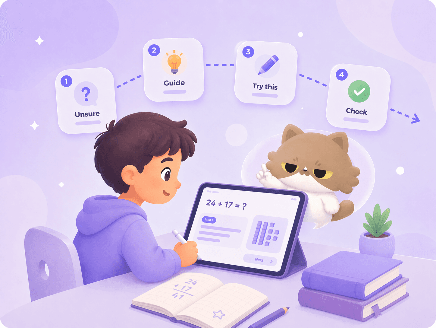 Guided tutoring illustration with a student following step-by-step help on a tablet