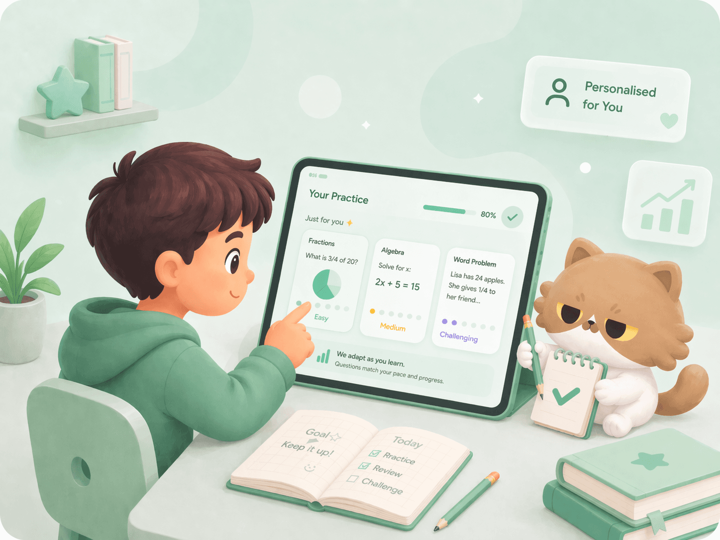 Personalised practice illustration showing adaptive questions and progress tracking