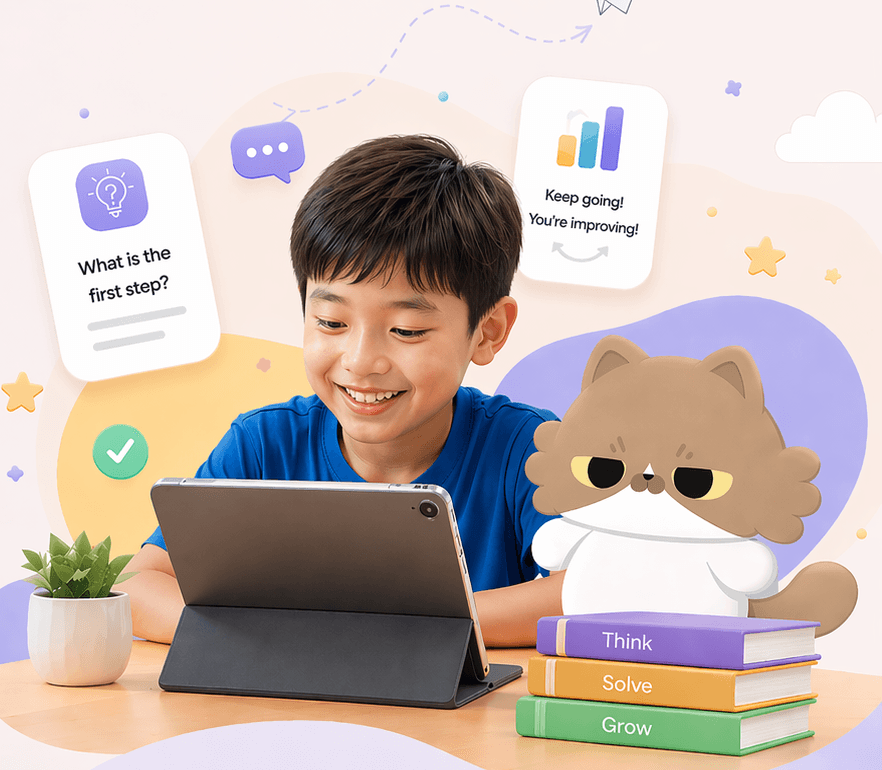 A student learning with a tablet alongside Zairoo guidance cards, books, and character art